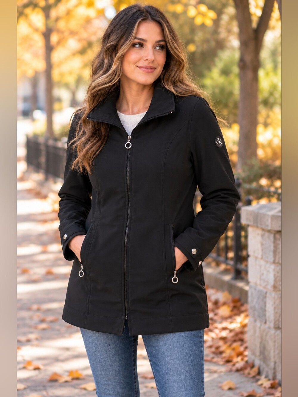 Calvin Klein Black Mid Length Zip Front Jacket Coat Size Small